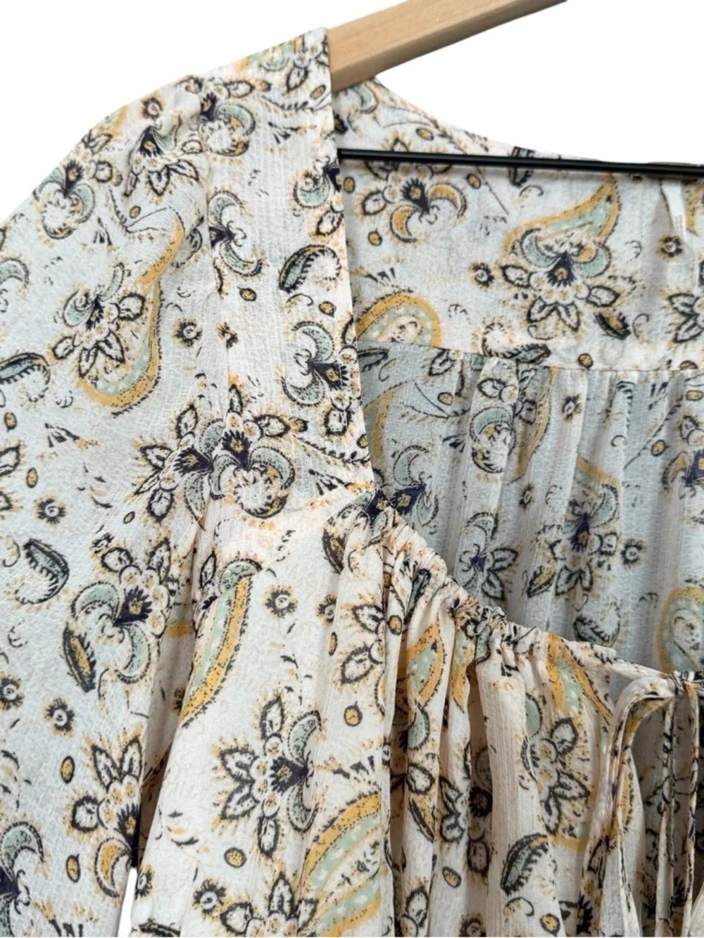 Free People Cream Sheer Paisley Boho Smocked Peasant Blouse